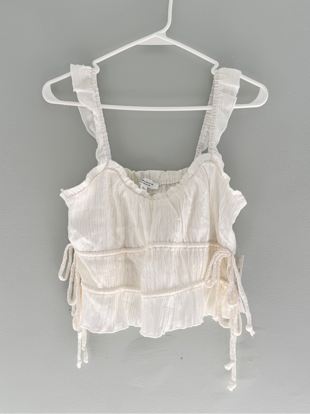Textured Cream Tie-Detail Ruffle Strap Tank Top